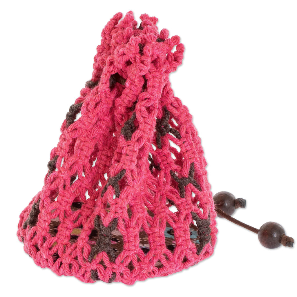 Cotton Macramé Drawstring Pouch with Wood Base - Tropical Pink