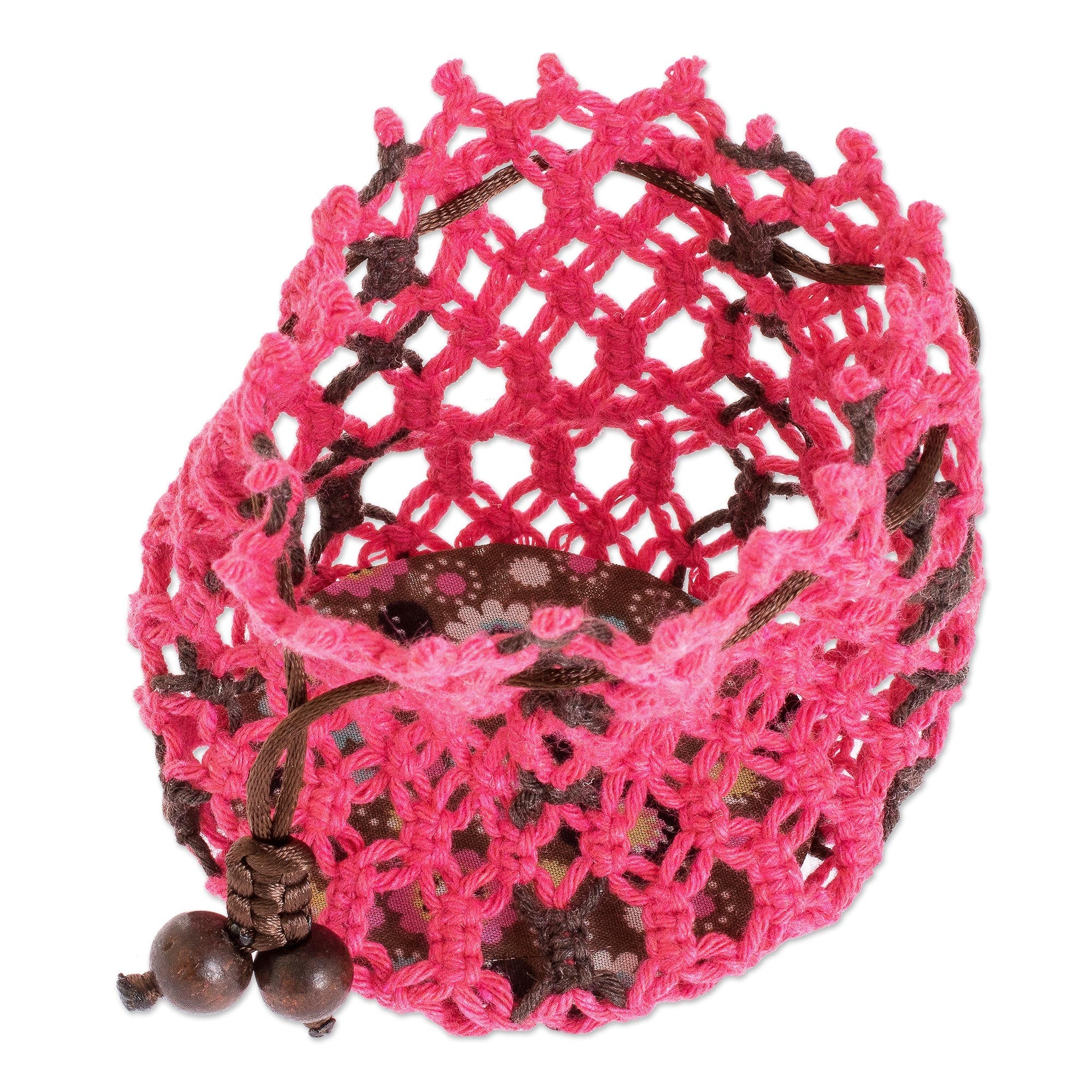 Cotton Macramé Drawstring Pouch with Wood Base - Tropical Pink