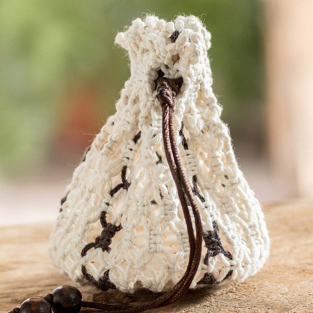 Cotton Macramé Drawstring Pouch with Wood Base - Tropical White