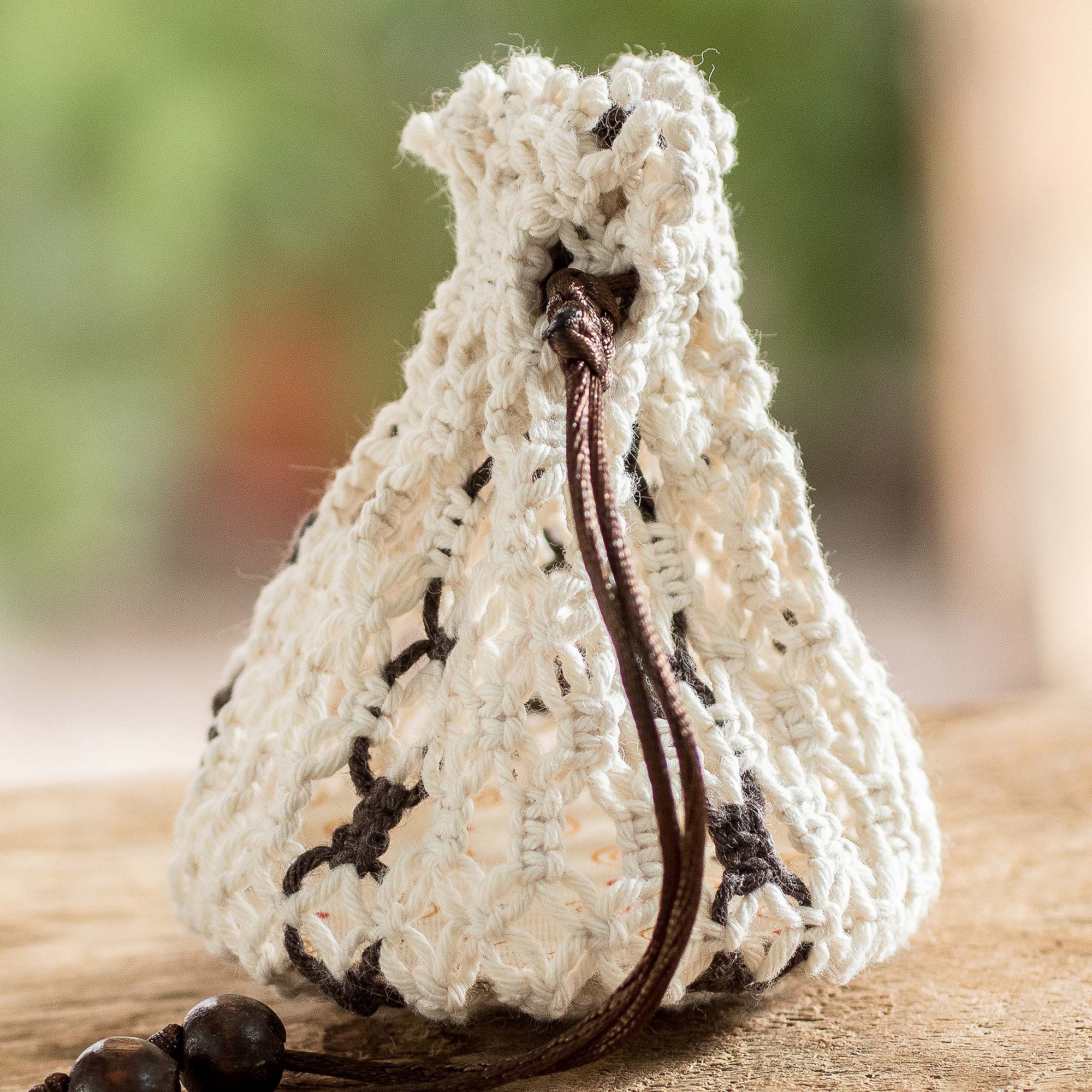 Cotton Macramé Drawstring Pouch with Wood Base - Tropical White