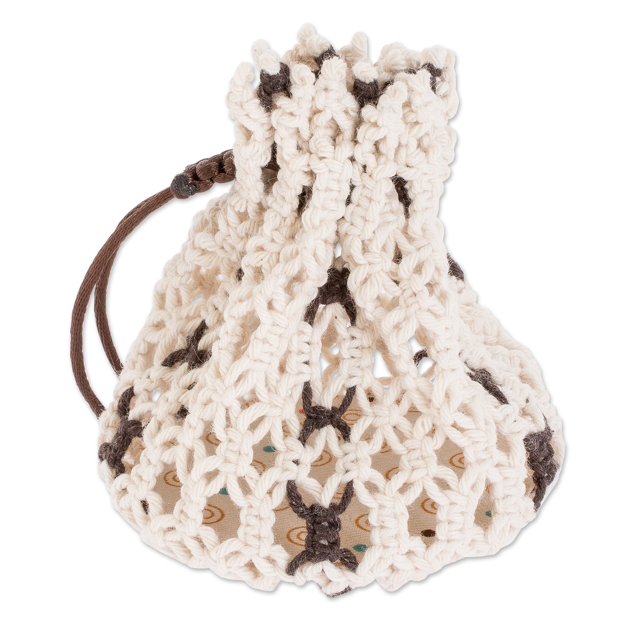 Cotton Macramé Drawstring Pouch with Wood Base - Tropical White