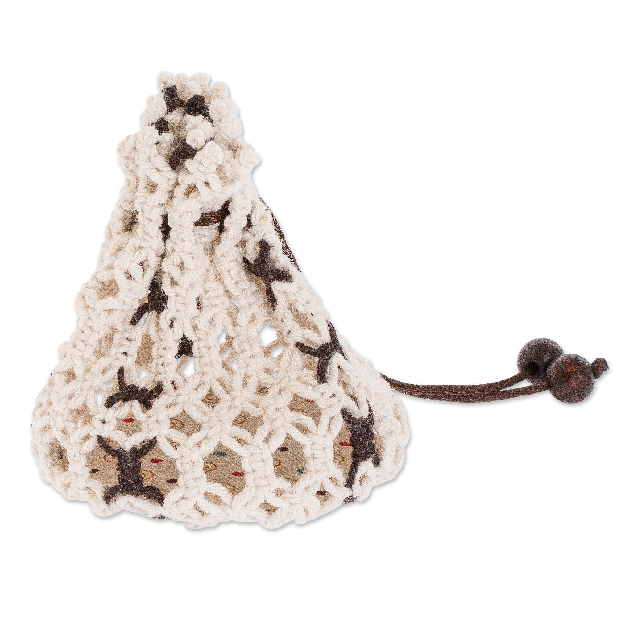 Cotton Macramé Drawstring Pouch with Wood Base - Tropical White