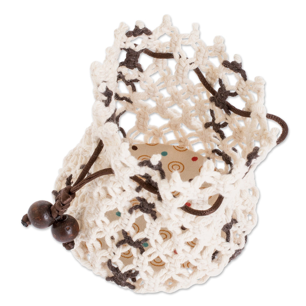 Cotton Macramé Drawstring Pouch with Wood Base - Tropical White