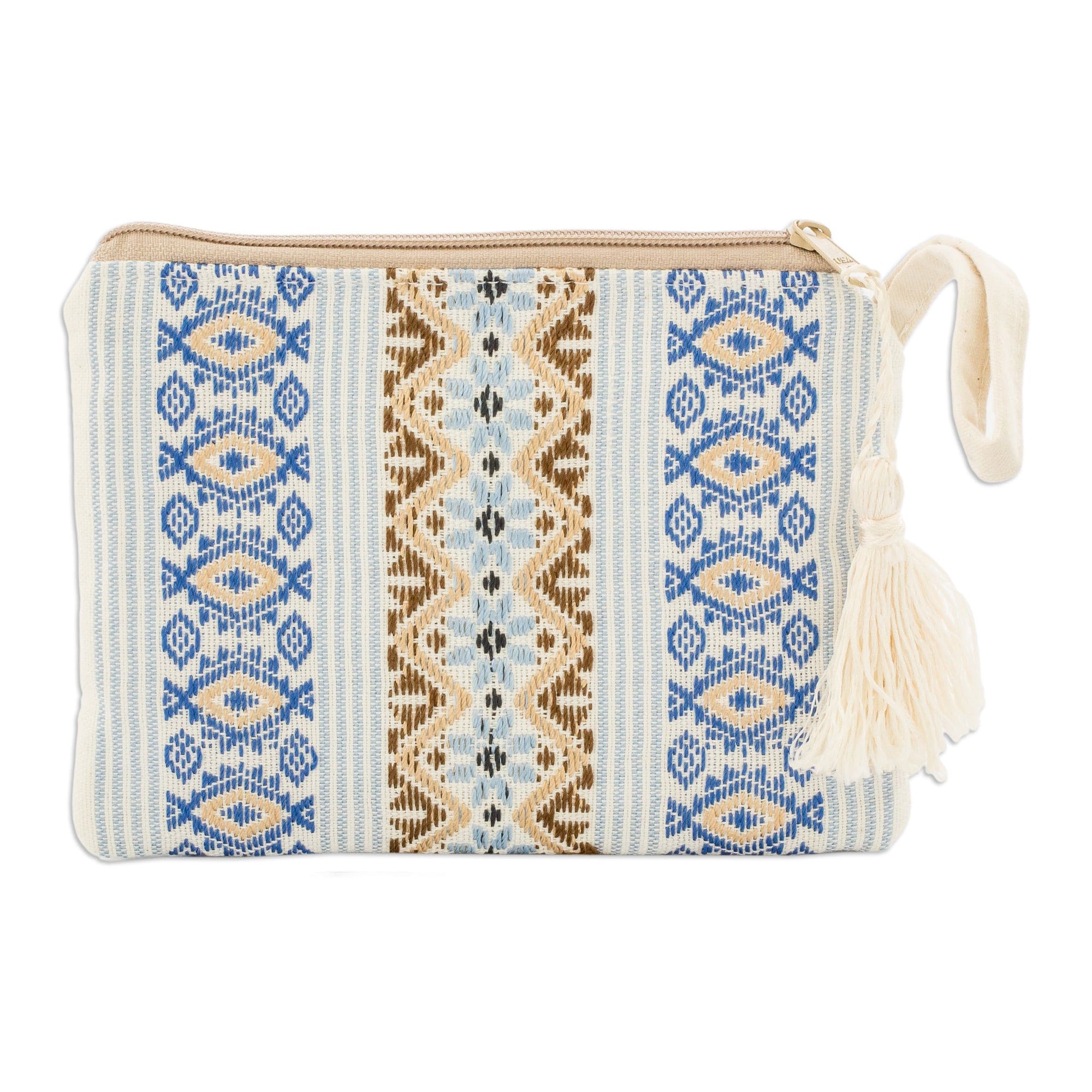 Handloomed Blue and Ivory Cotton Wristlet with Tassel - Bright Skies