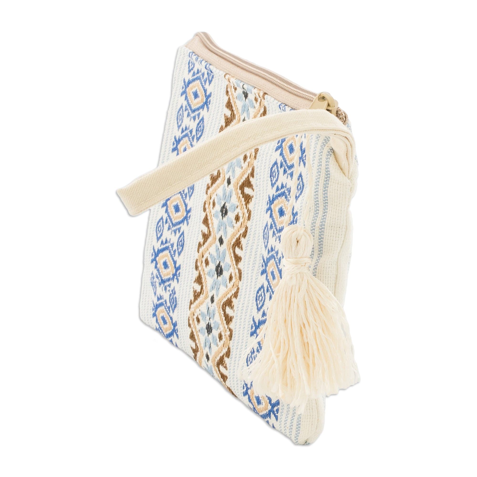 Handloomed Blue and Ivory Cotton Wristlet with Tassel - Bright Skies