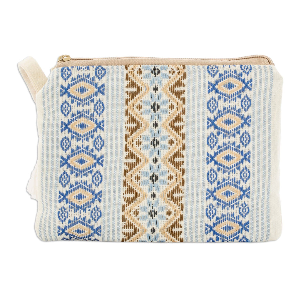 Handloomed Blue and Ivory Cotton Wristlet with Tassel - Bright Skies