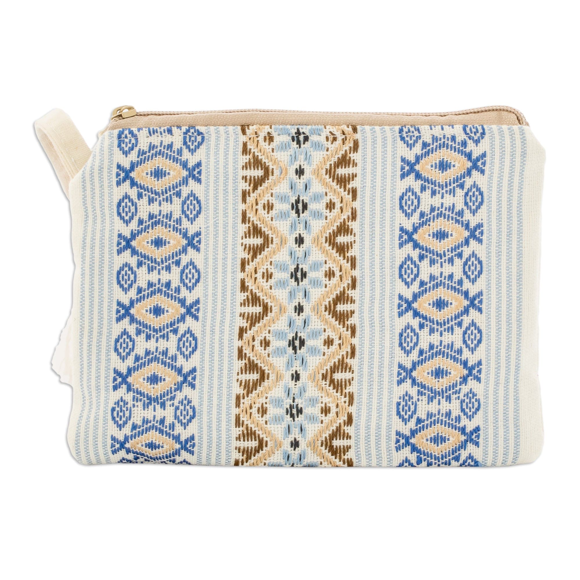 Handloomed Blue and Ivory Cotton Wristlet with Tassel - Bright Skies