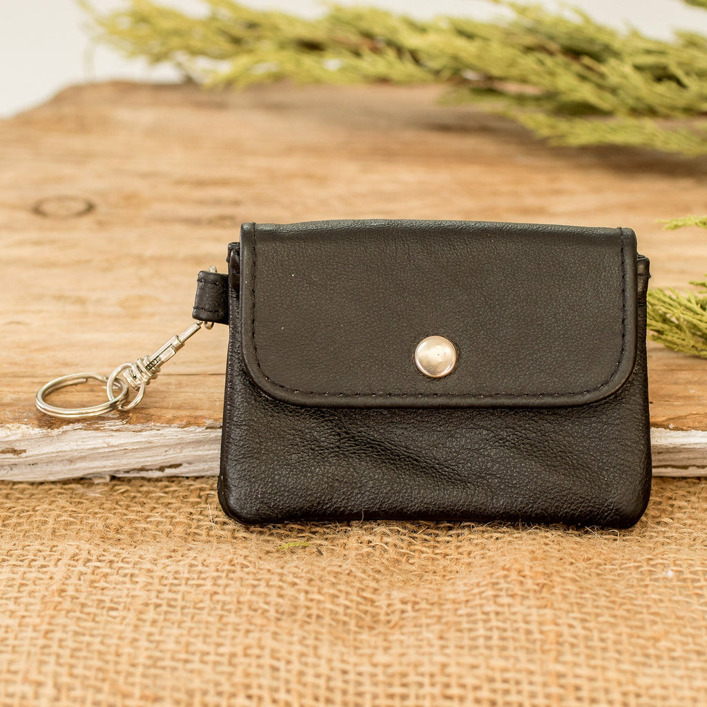 Eco-Friendly Black Leather Coin Purse with Snap Closure - Comfortable Prosperity