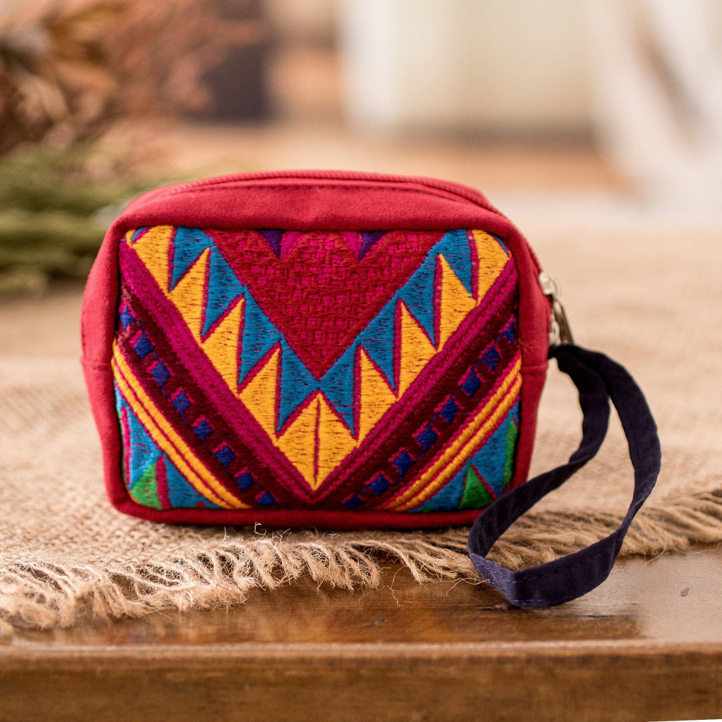 Geometric-Patterned Zippered Red Cotton Coin Purse - Practical Red