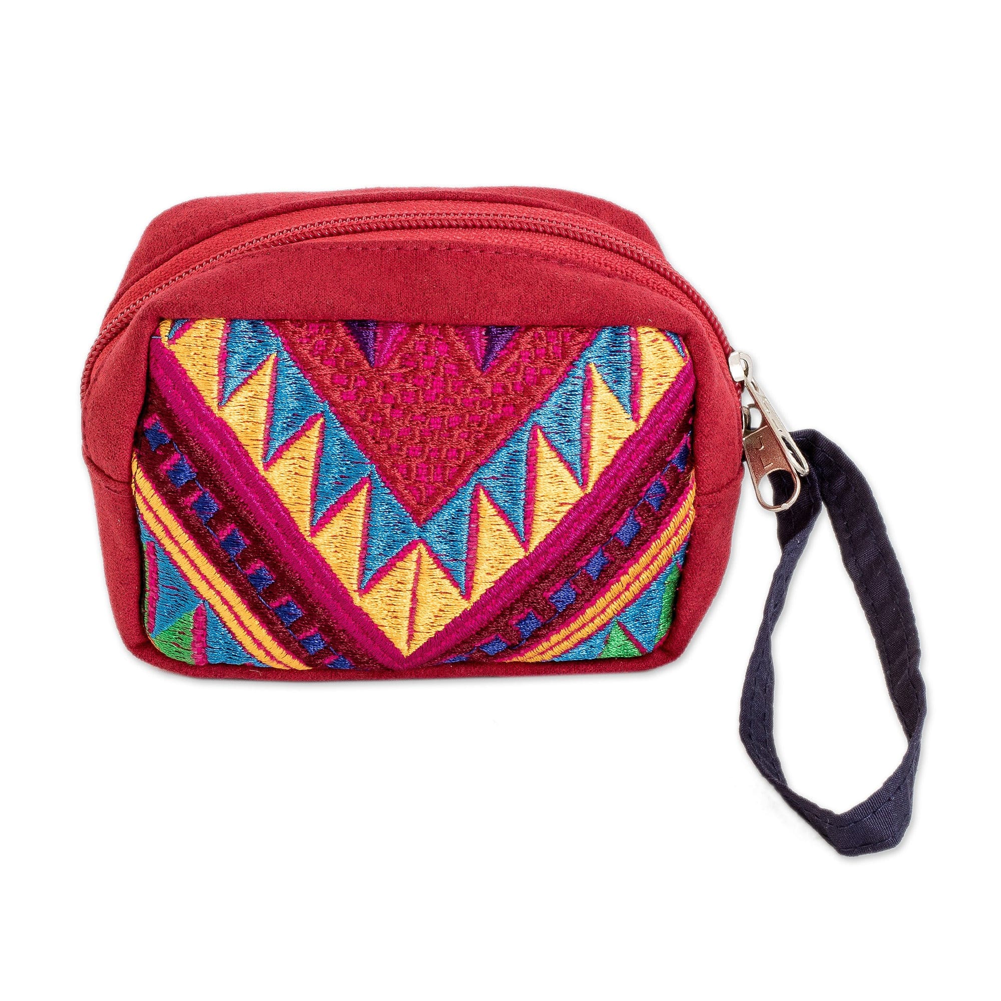 Geometric-Patterned Zippered Red Cotton Coin Purse - Practical Red