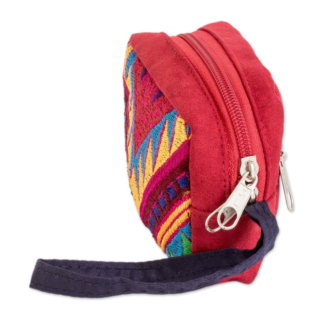 Geometric-Patterned Zippered Red Cotton Coin Purse - Practical Red