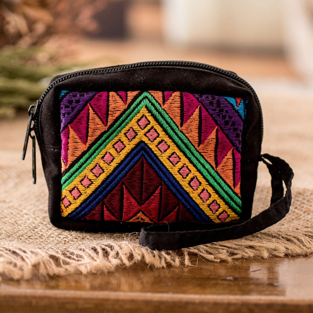 Geometric-Patterned Zippered Black Cotton Coin Purse - Practical Darkness