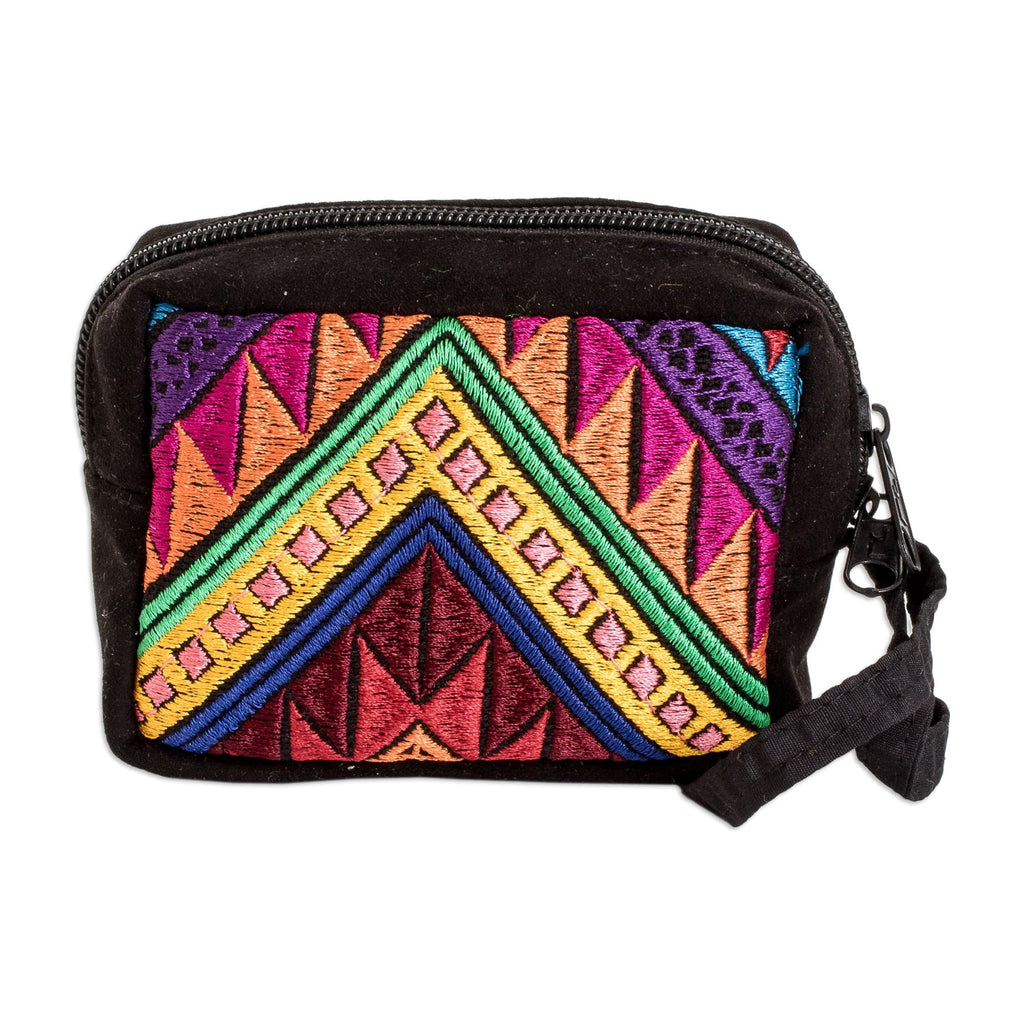 Geometric-Patterned Zippered Black Cotton Coin Purse - Practical Darkness