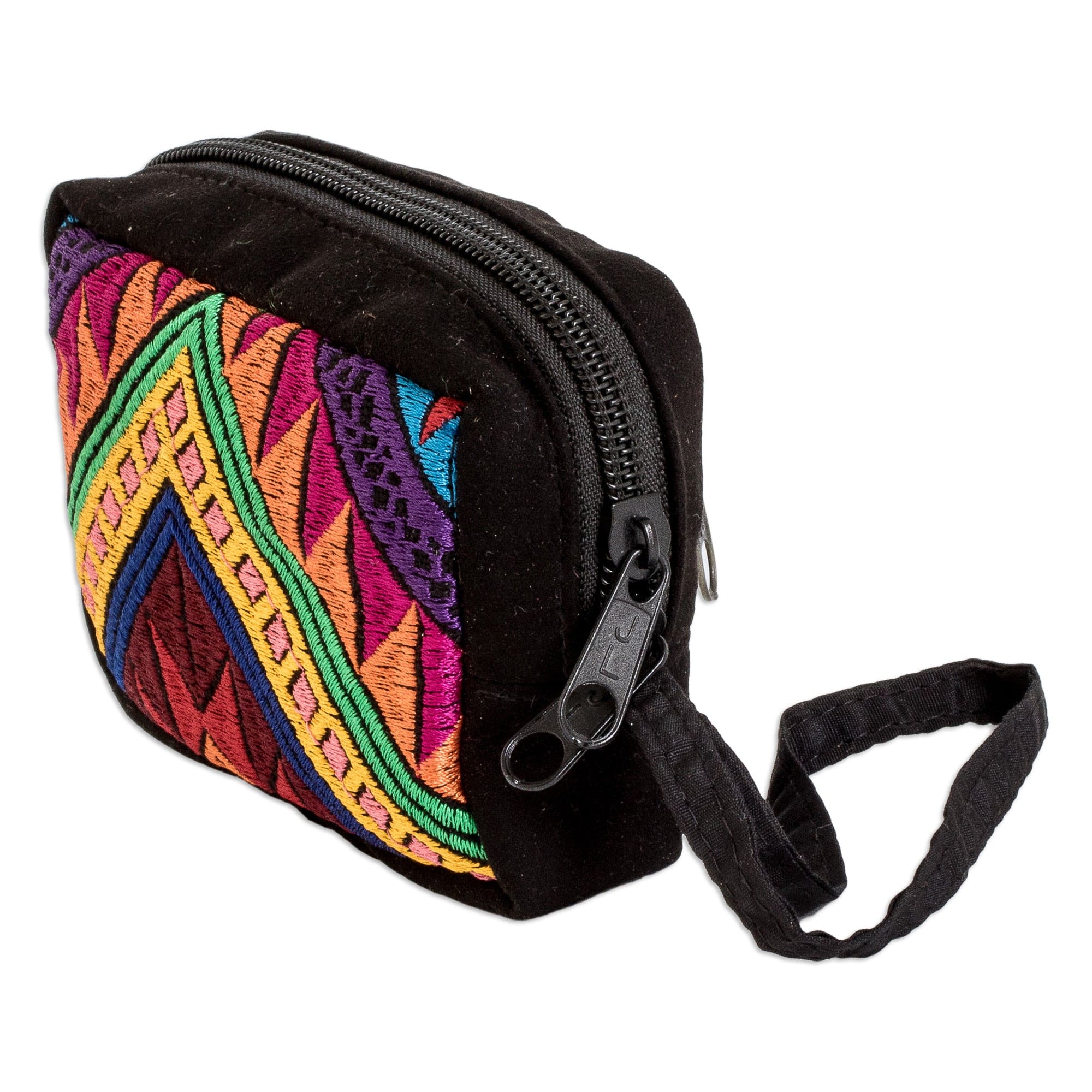 Geometric-Patterned Zippered Black Cotton Coin Purse - Practical Darkness