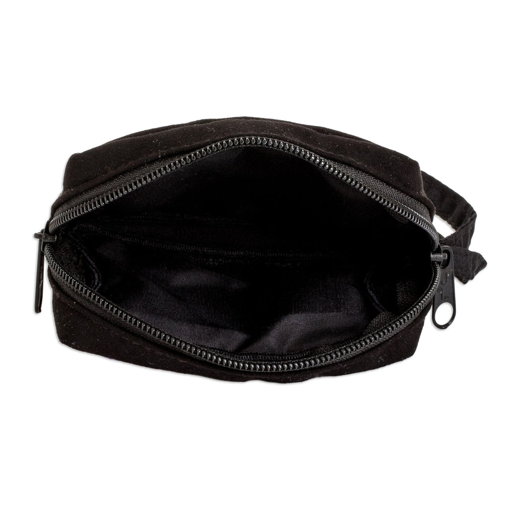 Geometric-Patterned Zippered Black Cotton Coin Purse - Practical Darkness