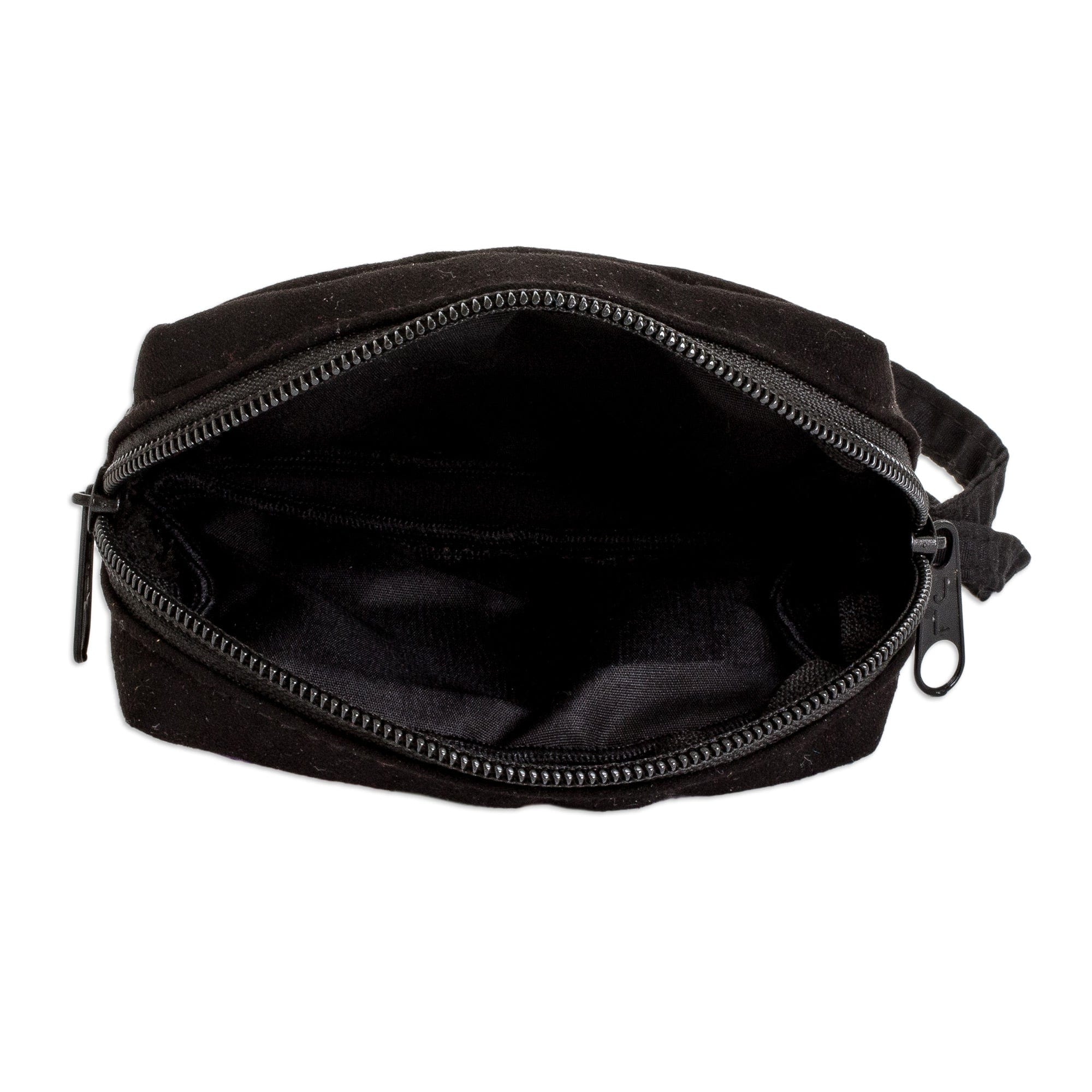 Geometric-Patterned Zippered Black Cotton Coin Purse - Practical Darkness