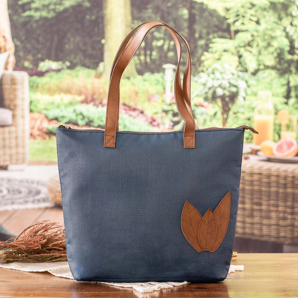 Autumn-Themed Azure Blue Faux Leather-Accented Shoulder Bag - Azure Fall
