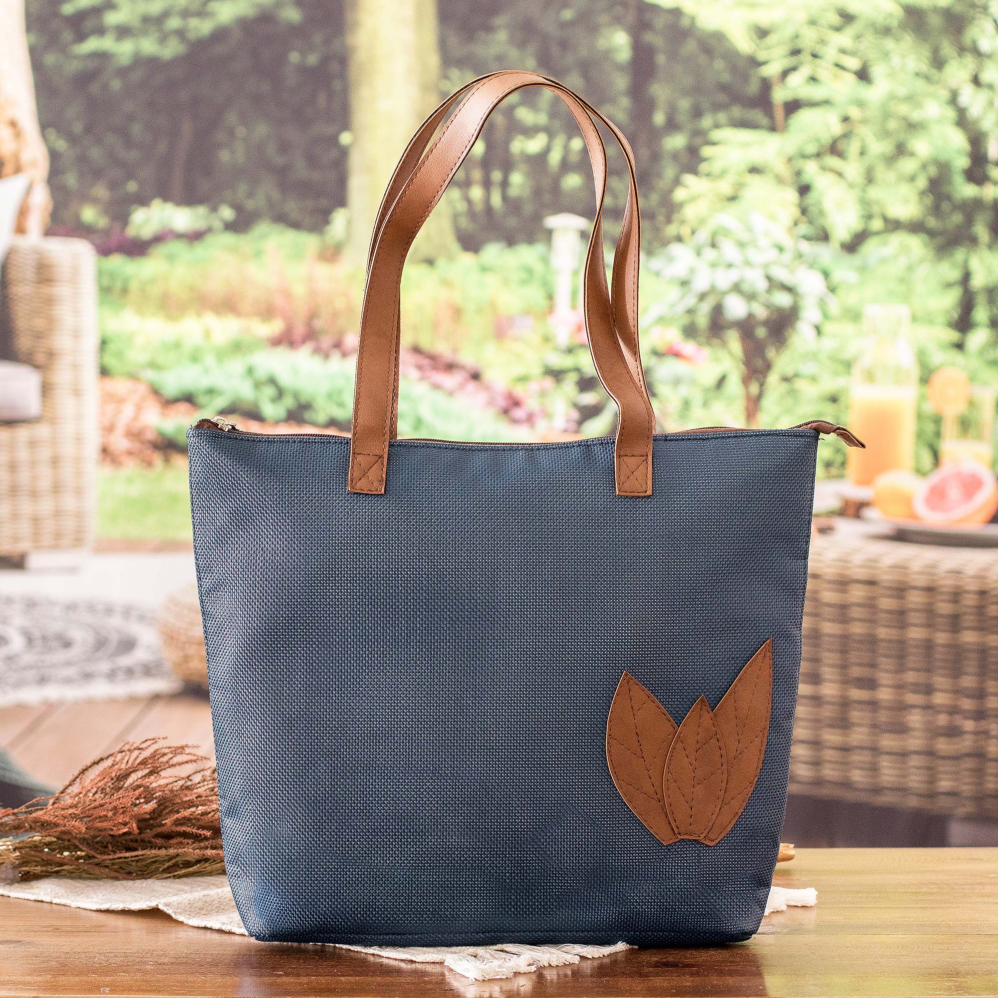 Autumn-Themed Azure Blue Faux Leather-Accented Shoulder Bag - Azure Fall