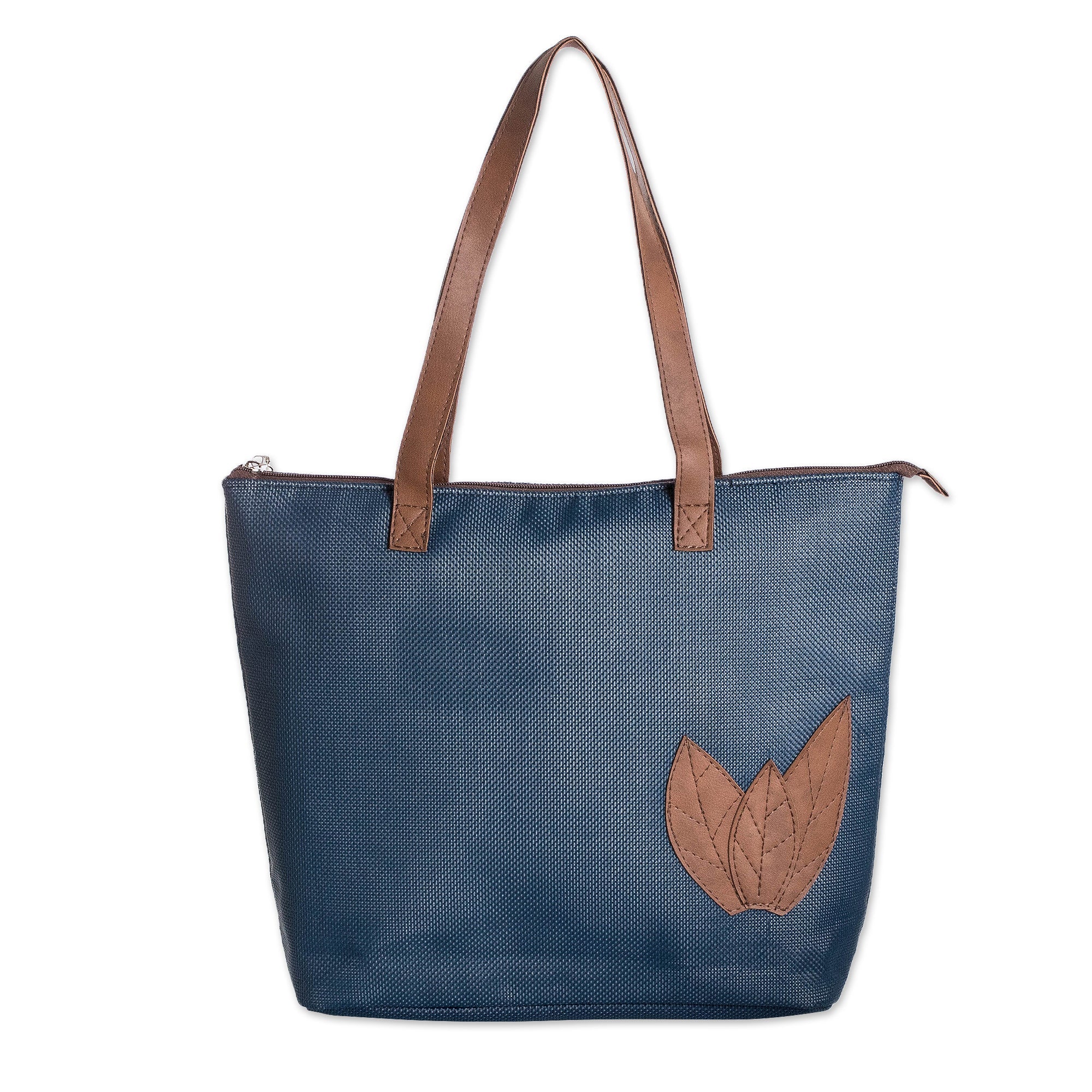 Autumn-Themed Azure Blue Faux Leather-Accented Shoulder Bag - Azure Fall