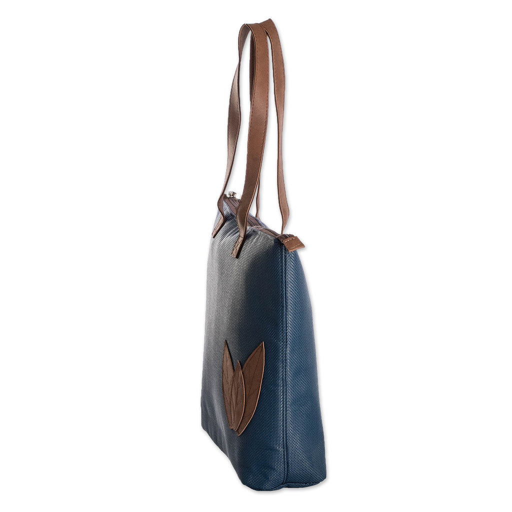 Autumn-Themed Azure Blue Faux Leather-Accented Shoulder Bag - Azure Fall