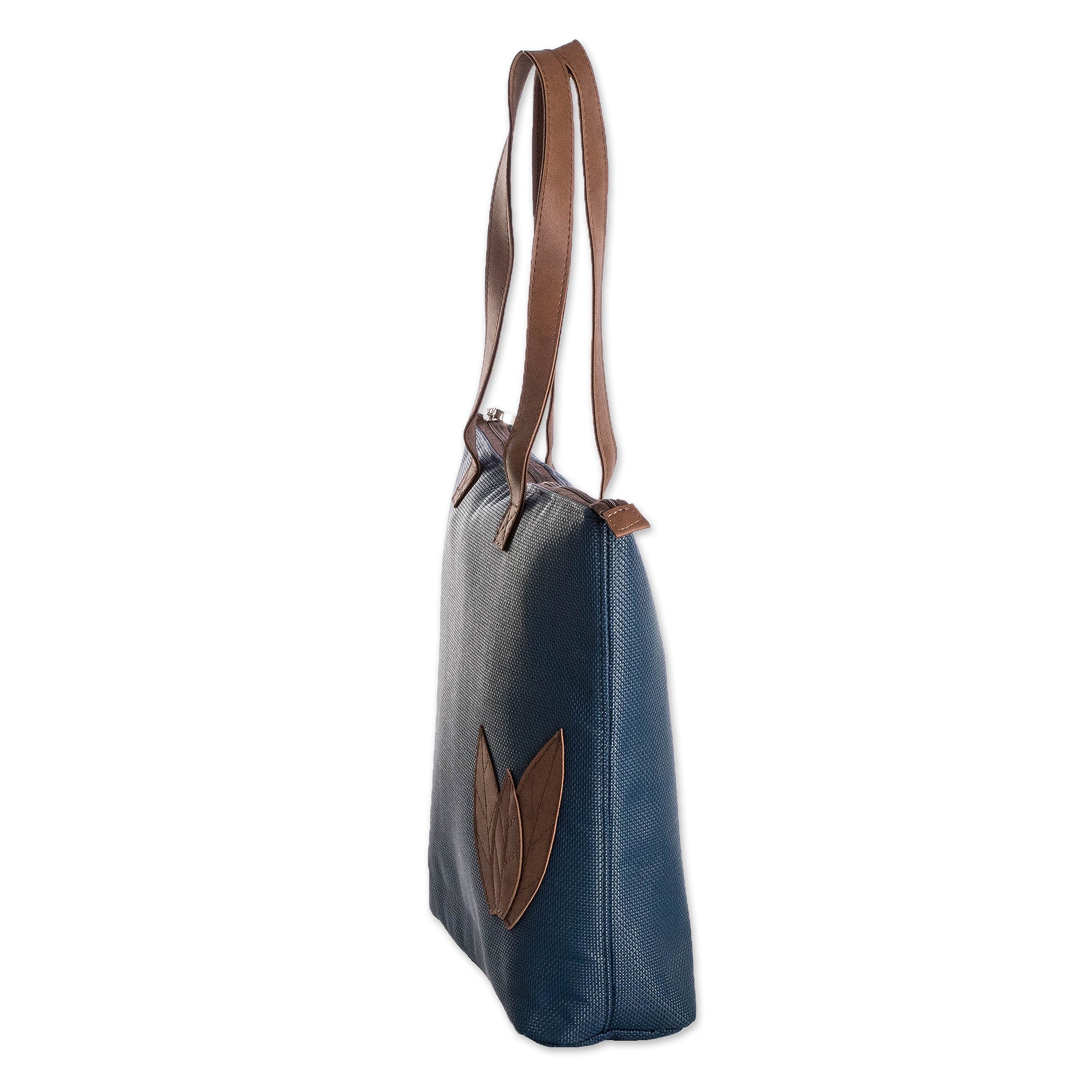 Autumn-Themed Azure Blue Faux Leather-Accented Shoulder Bag - Azure Fall