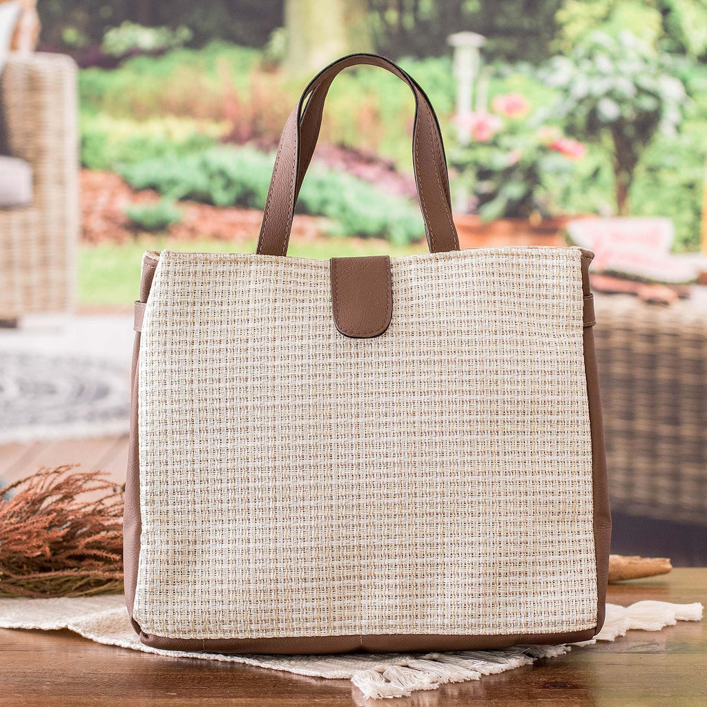 Faux Leather-Accented Handbag in Mahogany and Ecru Hues - Ecru Promenade