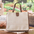 Faux Leather-Accented Handbag in Mahogany and Ecru Hues - Ecru Promenade