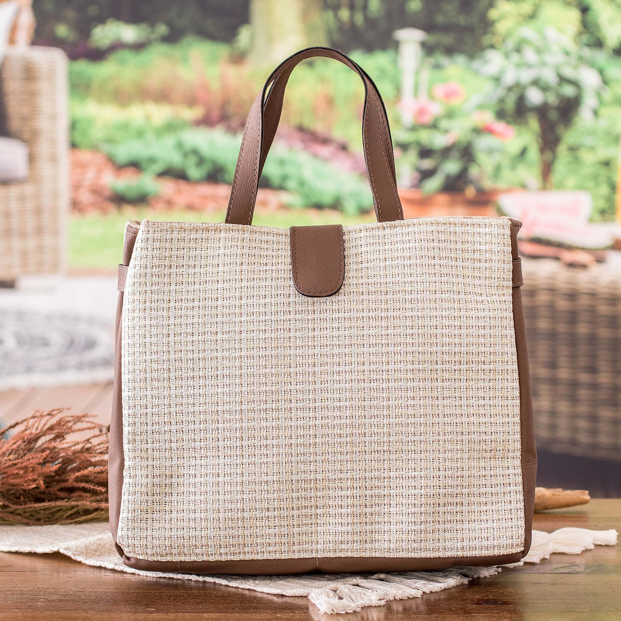Faux Leather-Accented Handbag in Mahogany and Ecru Hues - Ecru Promenade