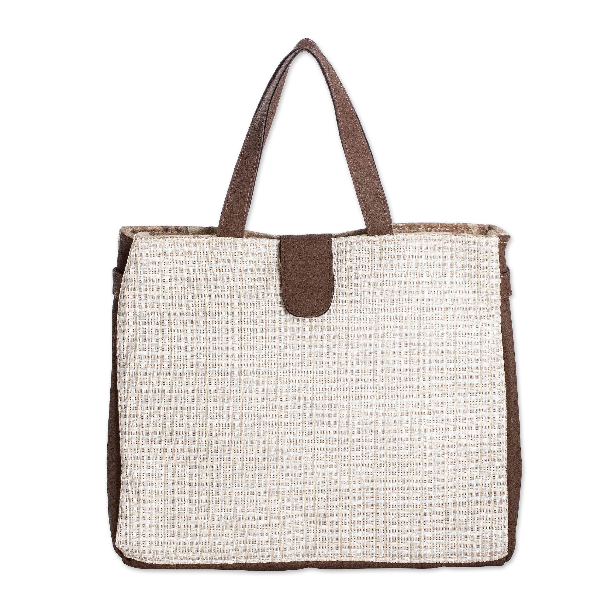 Faux Leather-Accented Handbag in Mahogany and Ecru Hues - Ecru Promenade