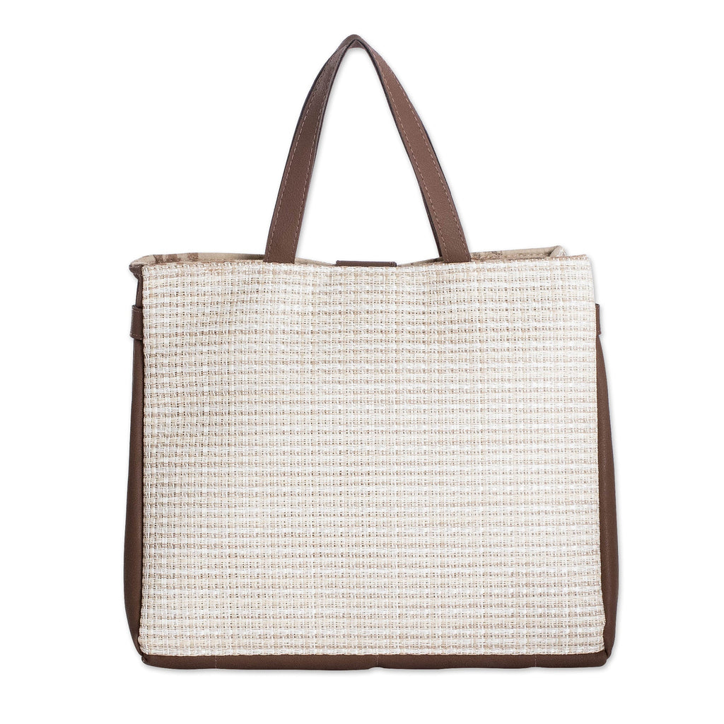 Faux Leather-Accented Handbag in Mahogany and Ecru Hues - Ecru Promenade