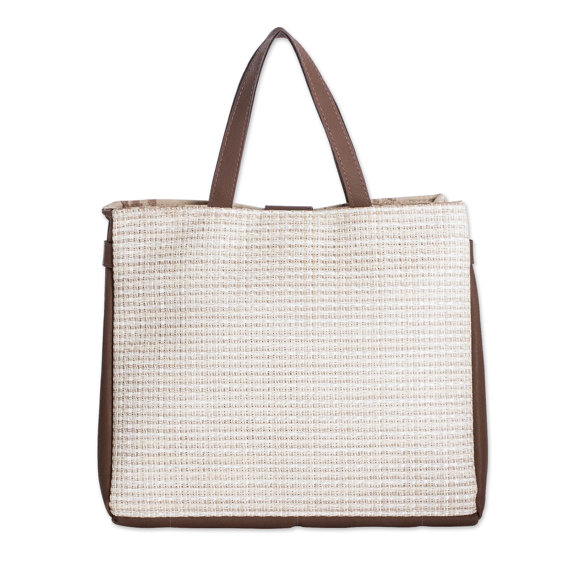 Faux Leather-Accented Handbag in Mahogany and Ecru Hues - Ecru Promenade