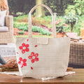 Beige and Brown Tote Bag with Red Floral Applique Accents - Floral Tenderness