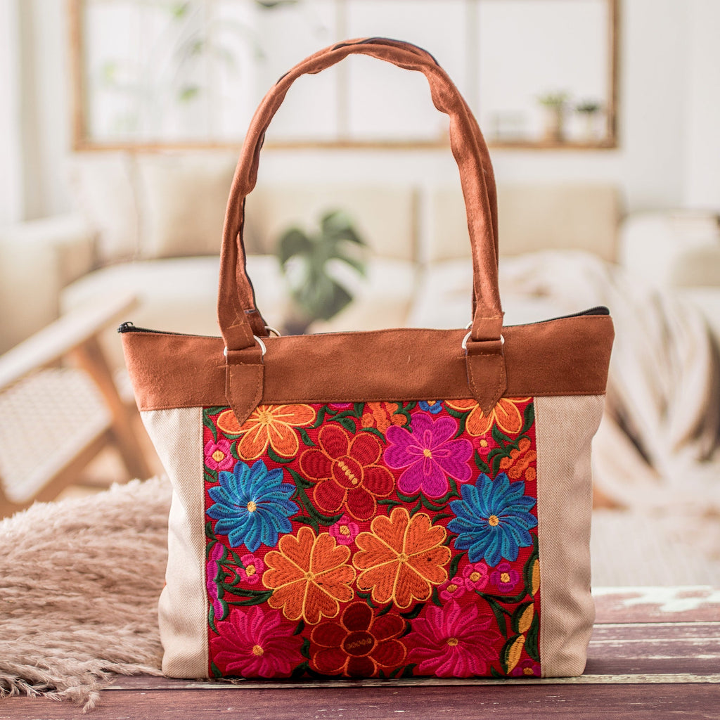 Brown and Ivory Tote Bag with Handwoven Floral Designs - Floral Elegance