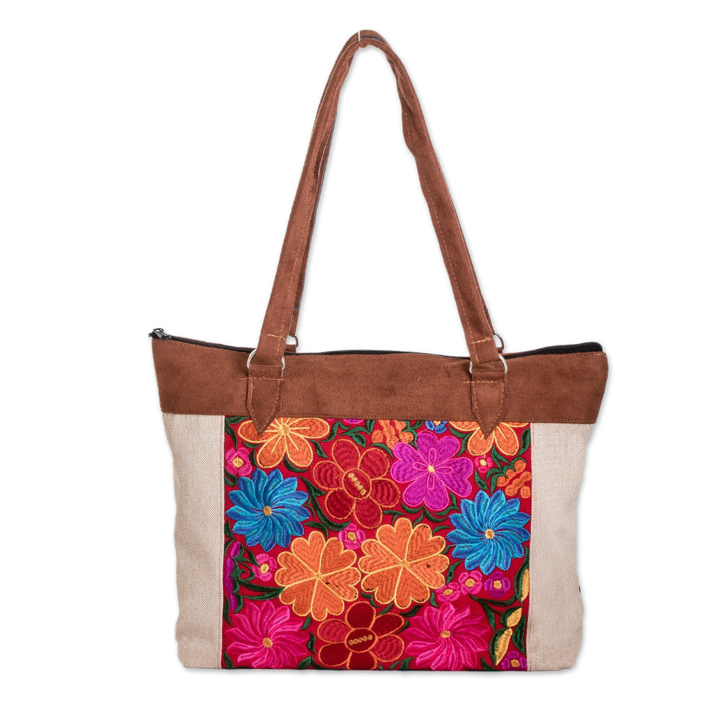 Brown and Ivory Tote Bag with Handwoven Floral Designs - Floral Elegance