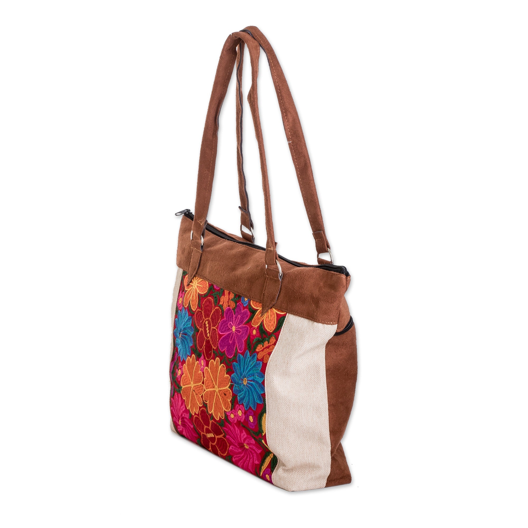 Brown and Ivory Tote Bag with Handwoven Floral Designs - Floral Elegance