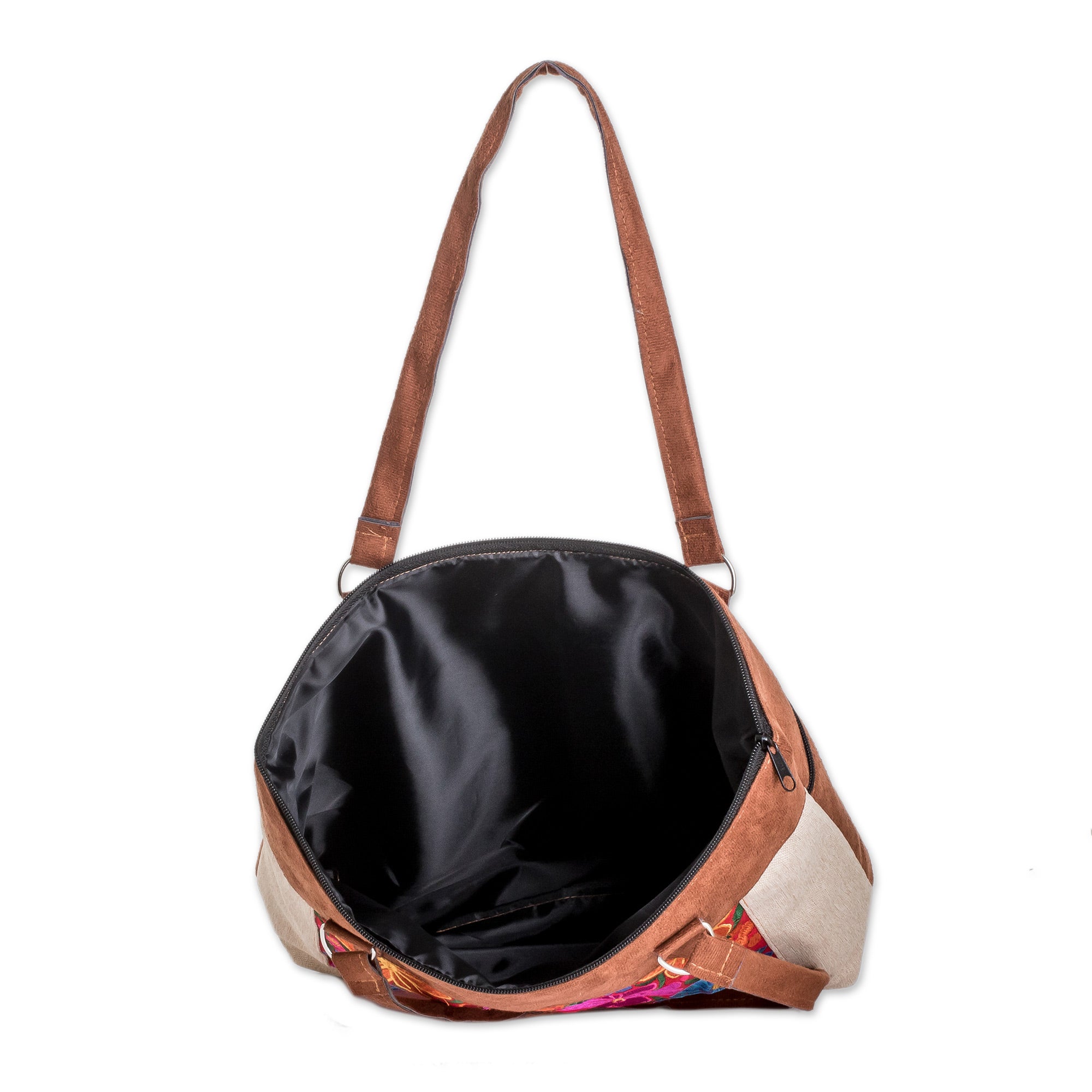 Brown and Ivory Tote Bag with Handwoven Floral Designs - Floral Elegance