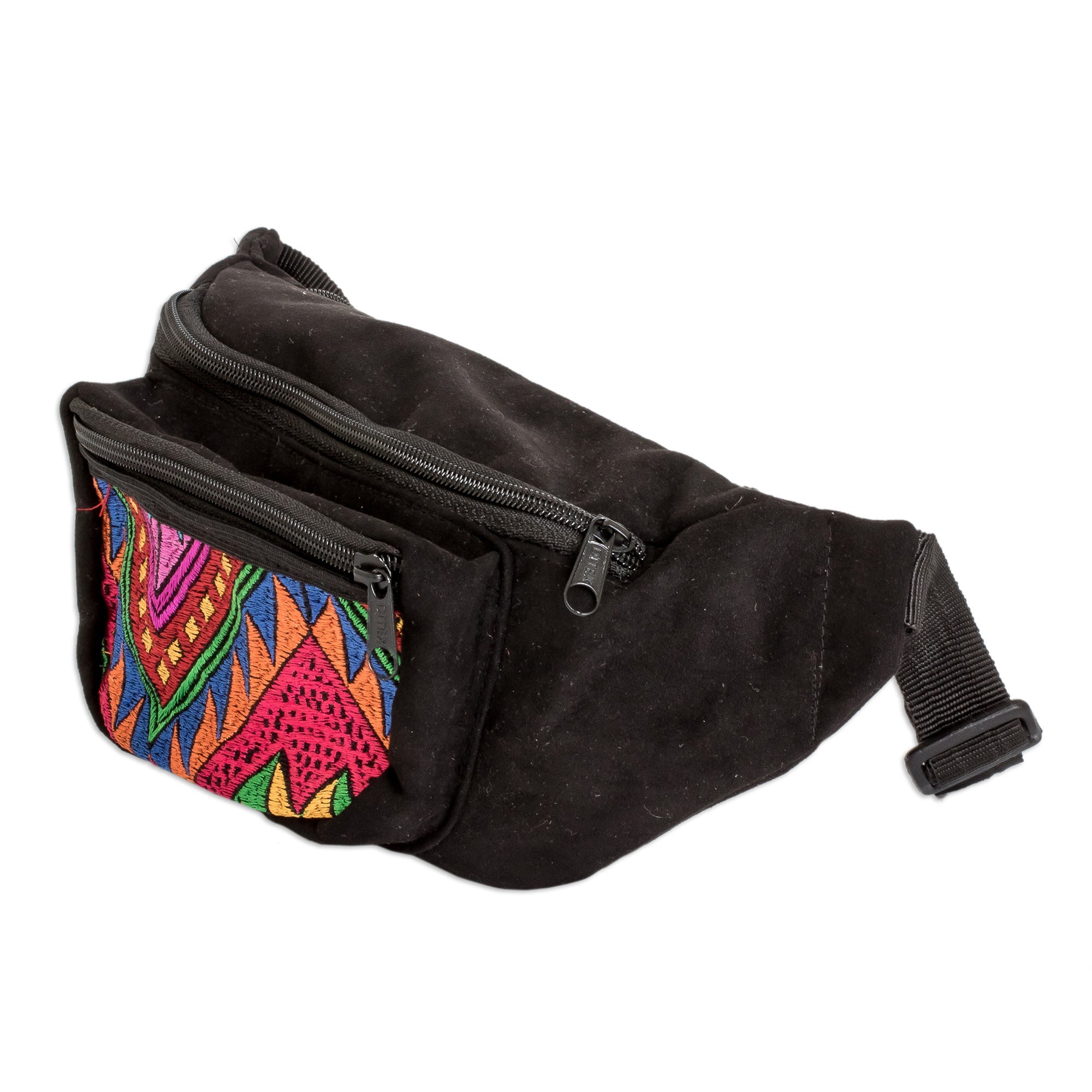 Adjustable Black Fanny Pack with Guatemalan Handwoven Accent - Guatemalan Heritage