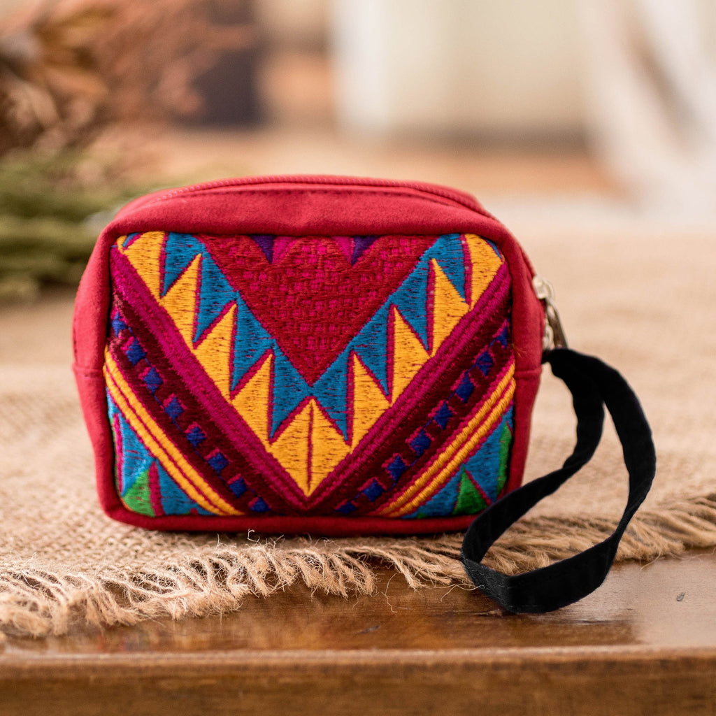 Red Geometric Cotton Coin Purse Hand-Woven in Guatemala - Vibrant Versatility