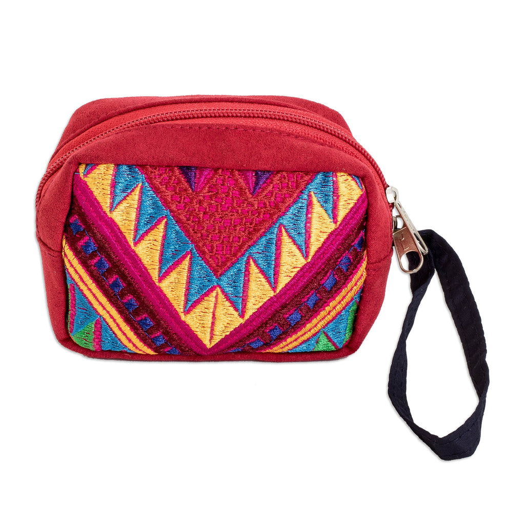 Red Geometric Cotton Coin Purse Hand-Woven in Guatemala - Vibrant Versatility
